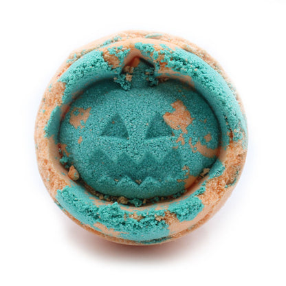 Blue and orange jack-o’-lantern shaped bath bomb, handmade in the UK, scented with fennel and sweet orange.