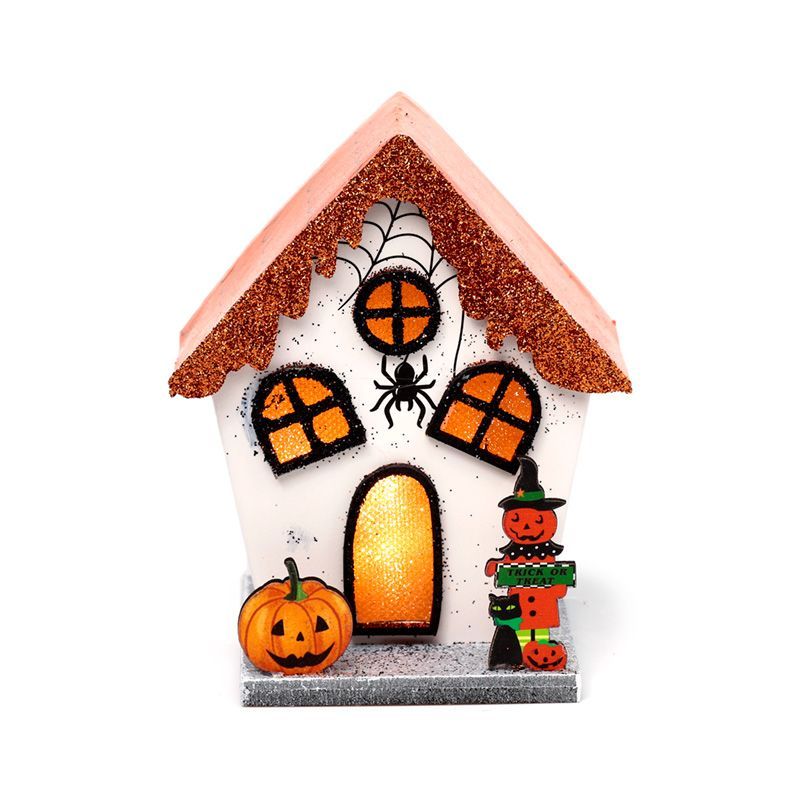 Front view of pumpkin house LED decoration with orange scalloped roof, spider web and pumpkins.