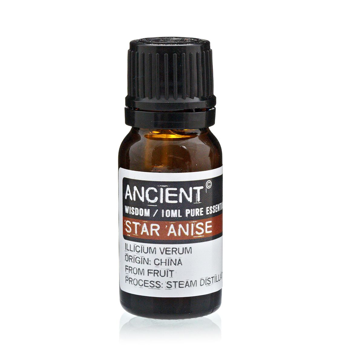 Amber 10 ml bottle labelled ‘Star Anise—pure essential oil’, a steam-distilled, sweet licorice-spice oil for diffusers and blends.
