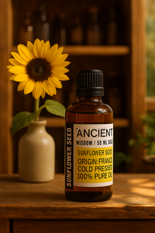 Amber glass bottle with black cap labelled ‘Sunflower—cold-pressed’; a pale-to-medium golden Helianthus annuus seed oil from France with a mild, neutral aroma and a light, fast-absorbing feel for face, body and hair blends.