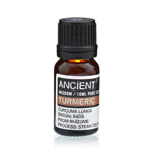 A 10 ml amber glass bottle labelled “Turmeric” with a black cap.
