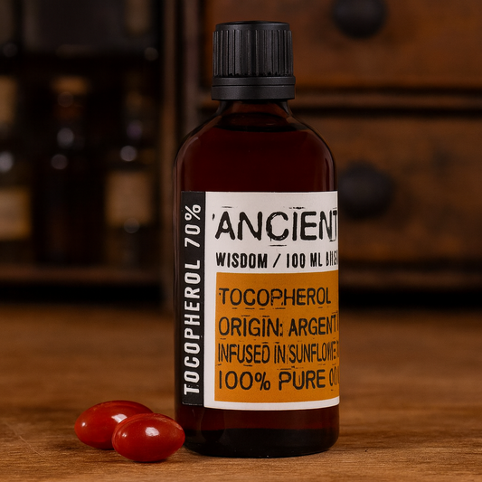 Amber glass bottle with black cap labelled ‘Vitamin E—tocopherol’; a clear orange-yellow, viscous antioxidant used at low percentages to help slow oxidation in oils, butters and balms.