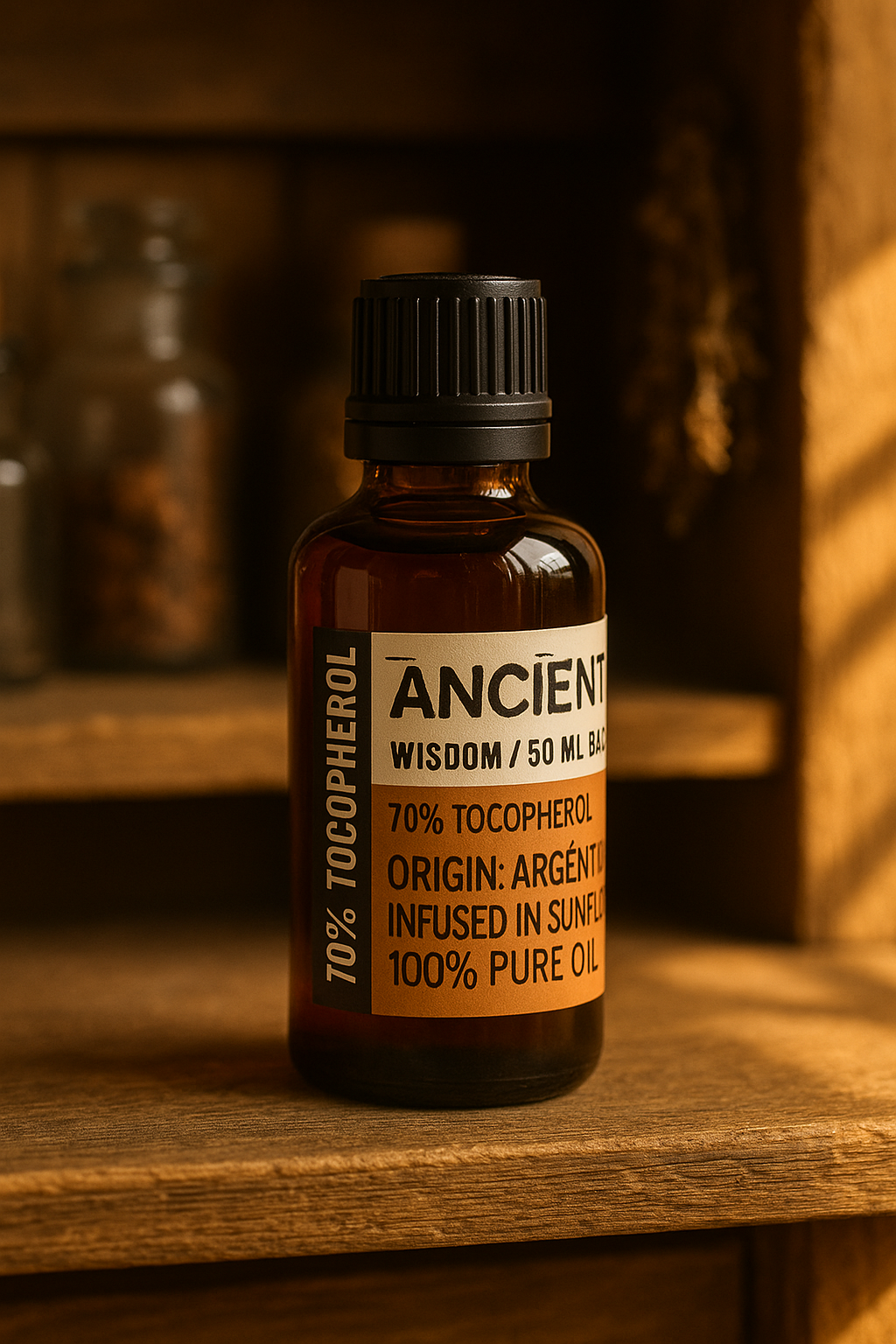 Amber glass bottle with black cap labelled ‘Vitamin E—tocopherol’; a pale yellow to reddish-brown antioxidant used at low percentages to help slow oxidation in oils, butters and balms.