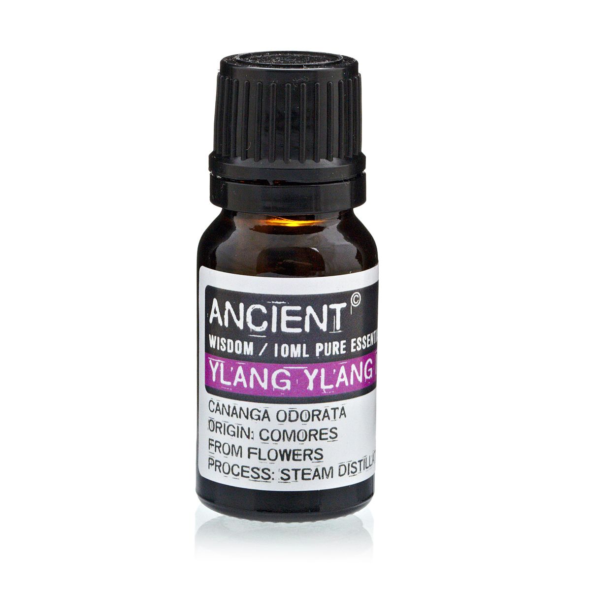 Amber 10 ml bottle labelled ‘Ylang Ylang—pure essential oil’, steam-distilled from Comoros flowers; a rich, sweet floral used for mood lift, calm, and romantic blends.