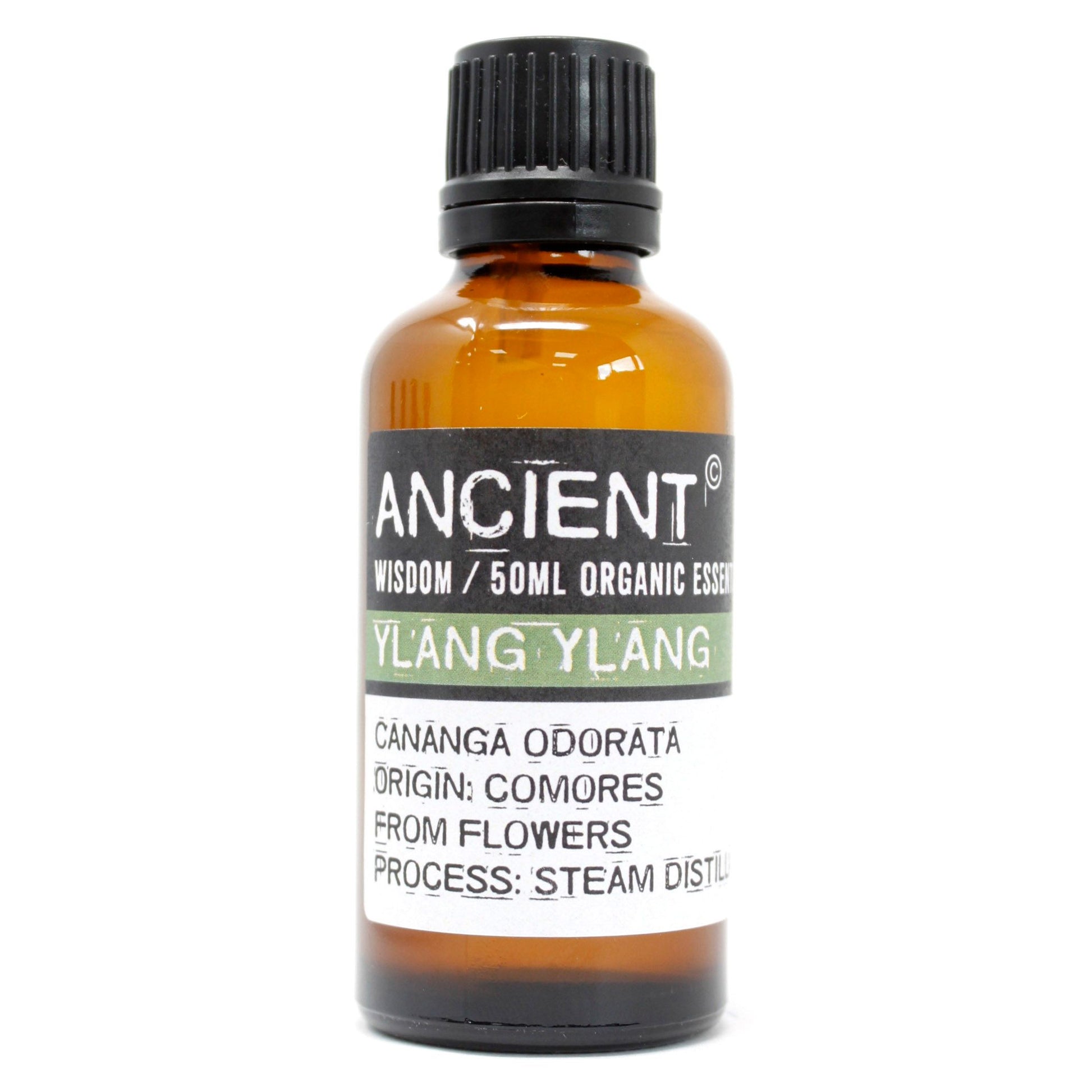 Amber 50 ml bottle labelled ‘Ylang Ylang—organic, steam-distilled’, a sweet floral essential oil from Cananga odorata flowers.