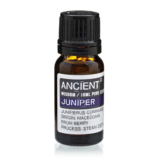 Amber 10 ml bottle labelled ‘Juniper—pure essential oil’, a steam‑distilled berry oil with fresh‑woody, peppery ‘gin‑like’ aroma for clean diffusers and clarifying sprays.