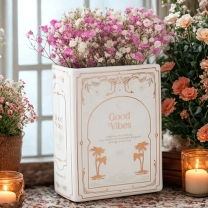 Decorative vase with flowers labeled 'Good Vibes' on a table with candles and more flowers.