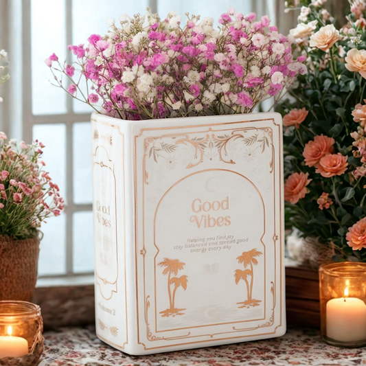 Decorative vase with flowers labeled 'Good Vibes' on a table with candles and more flowers.