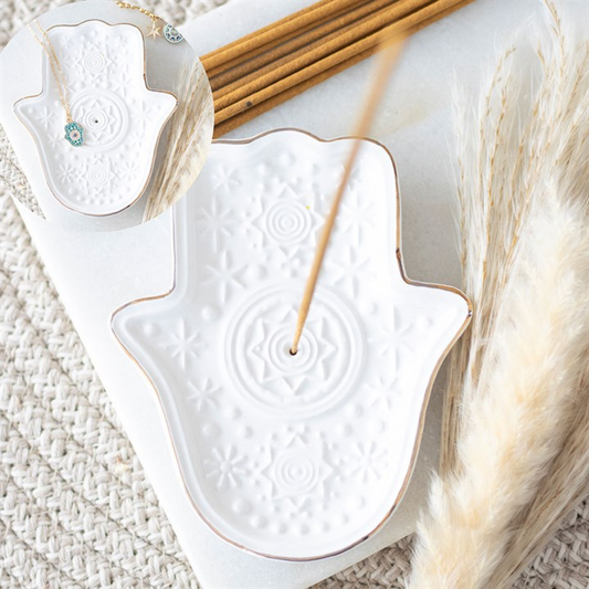 Hand of Hamsa Ceramic Incense Holder / Trinket Dish — White