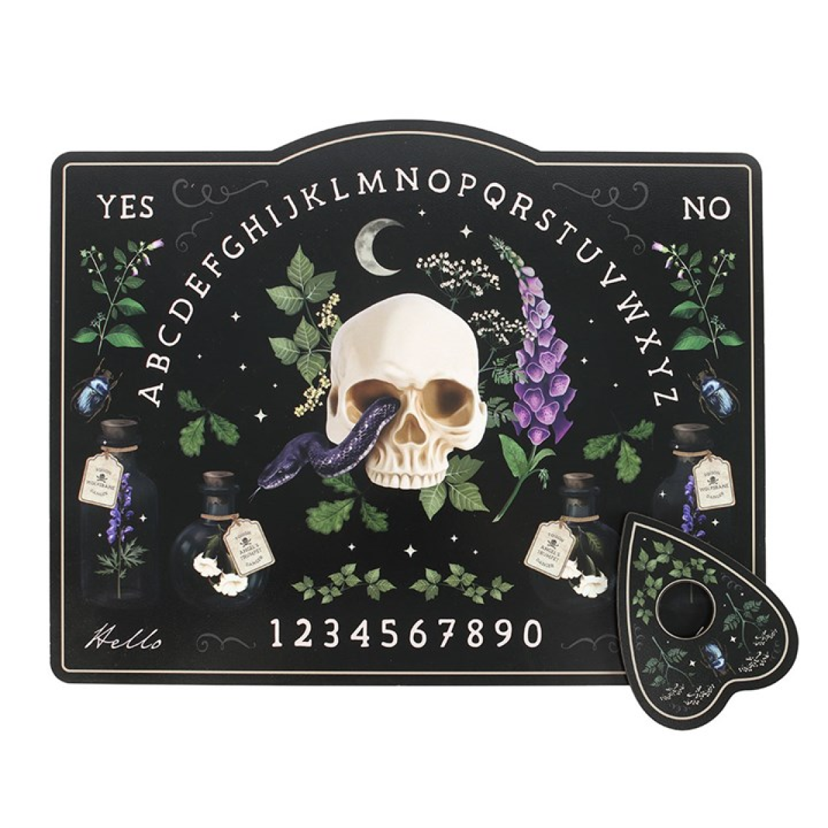 Black talking board featuring skull, foxglove and potion bottles with a matching planchette; botanical aesthetic.