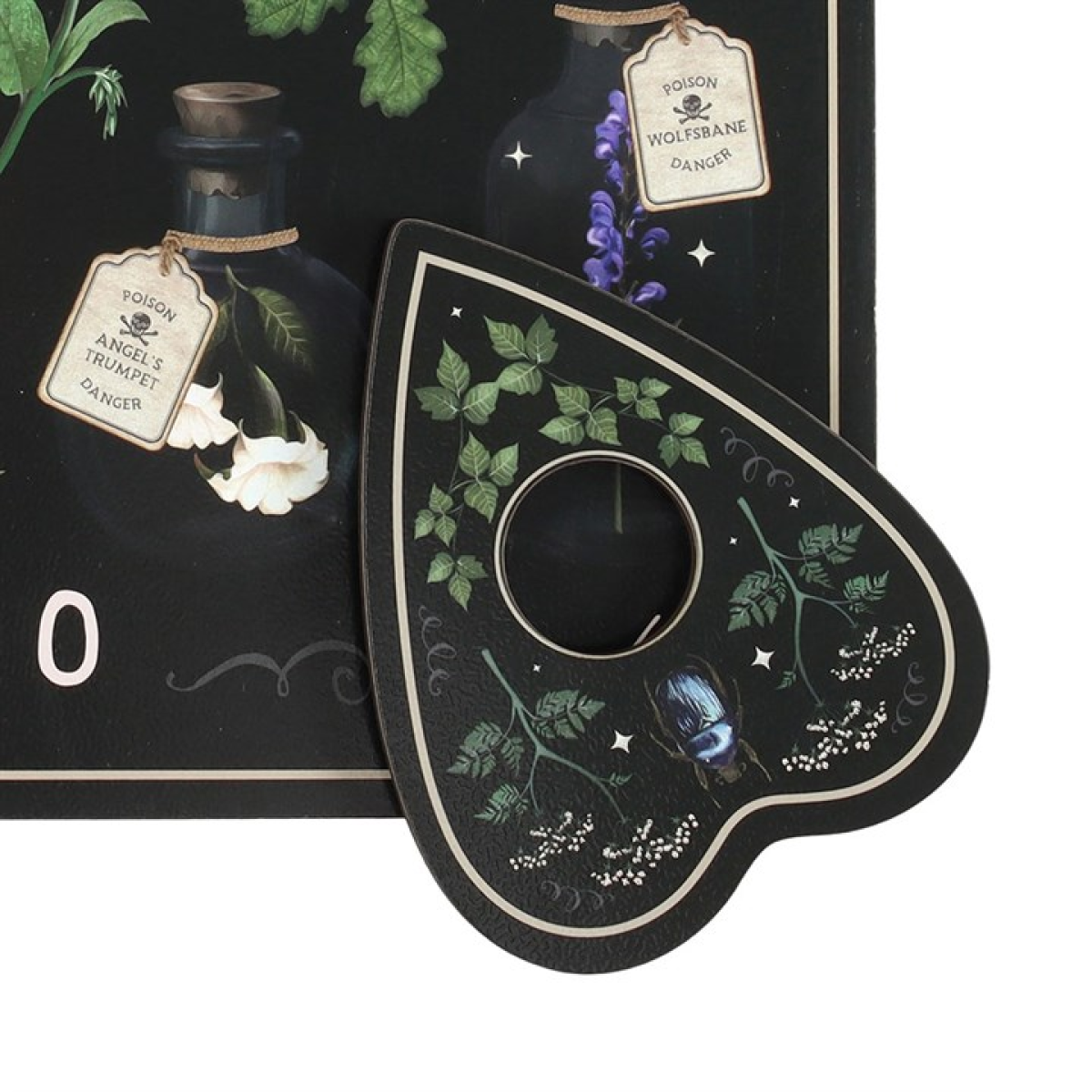 Black talking board featuring skull, foxglove and potion bottles with a matching planchette; botanical aesthetic.
