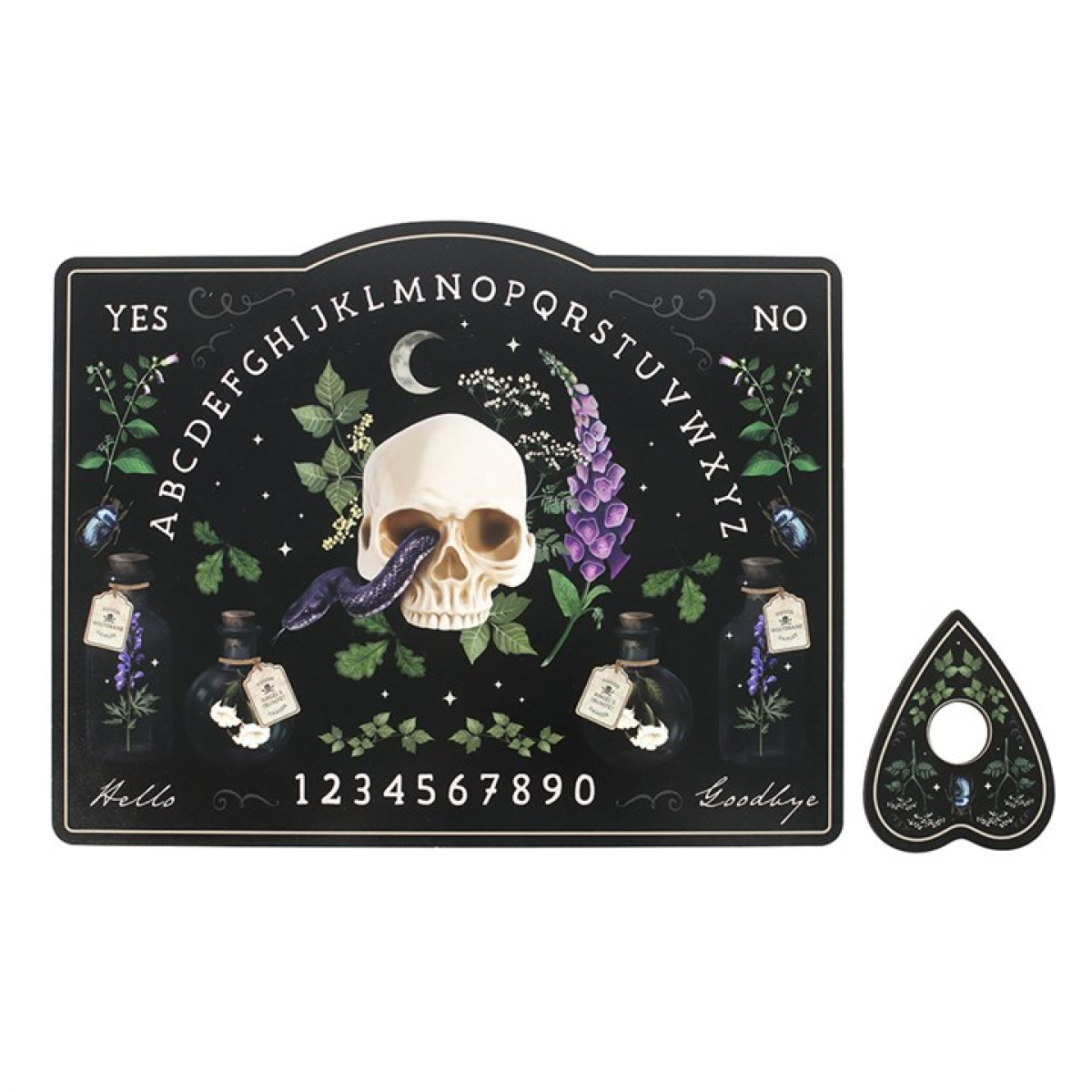 Black talking board featuring skull, foxglove and potion bottles with a matching planchette; botanical aesthetic.