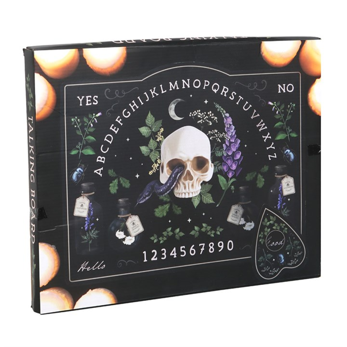 Ouija board packaging with skull and herbs design on a black background
